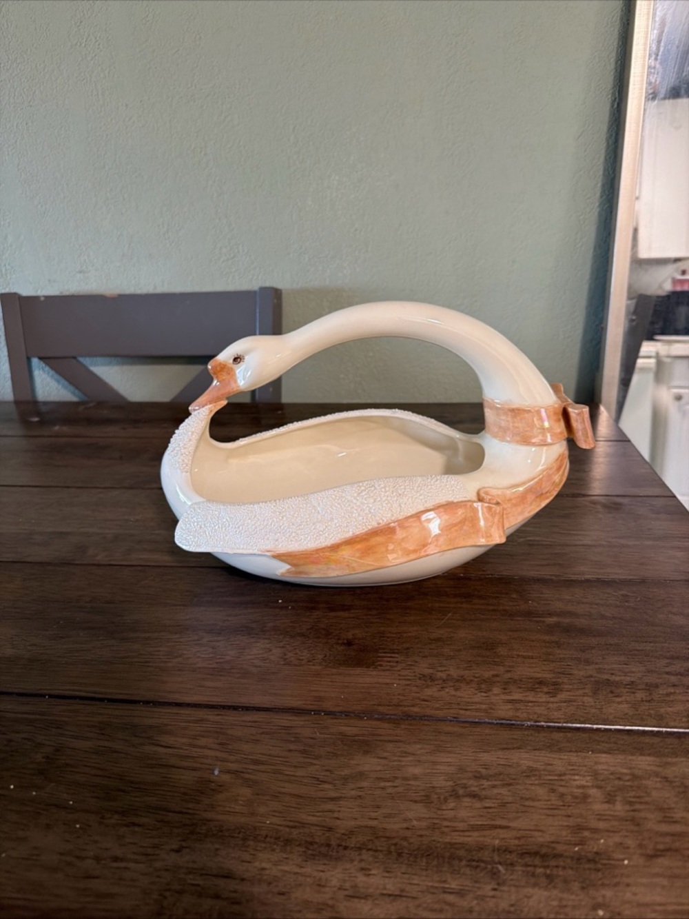 vintage Ceramic Swan Basket - planter  Cream and Peach Decorative Bowl